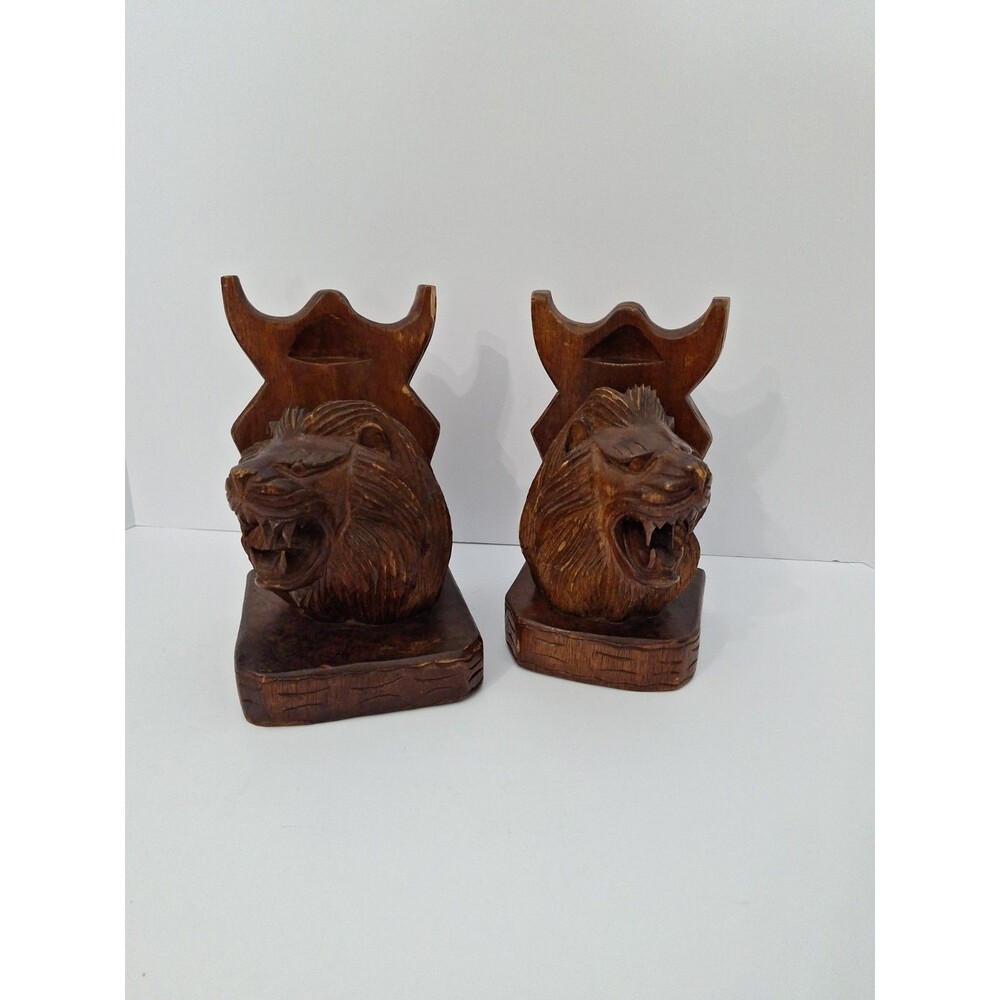 Vintage Roaring Lion Hand Carved Wood Bookends 8.5" Set Of 2